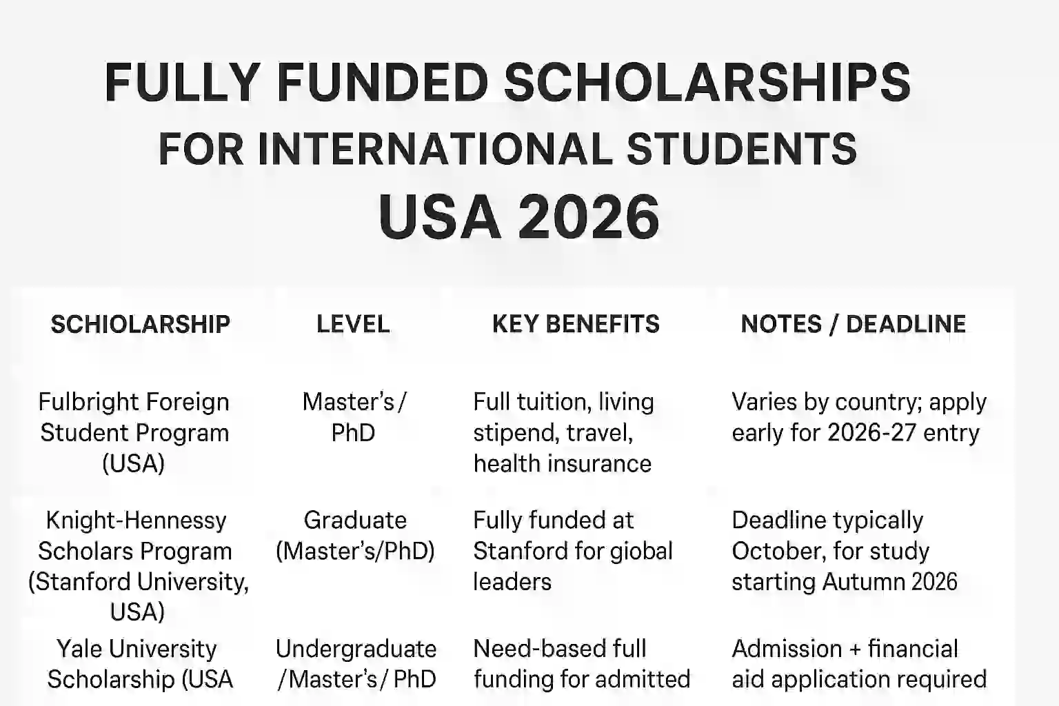 Fully Funded Scholarships for International Students USA 2026