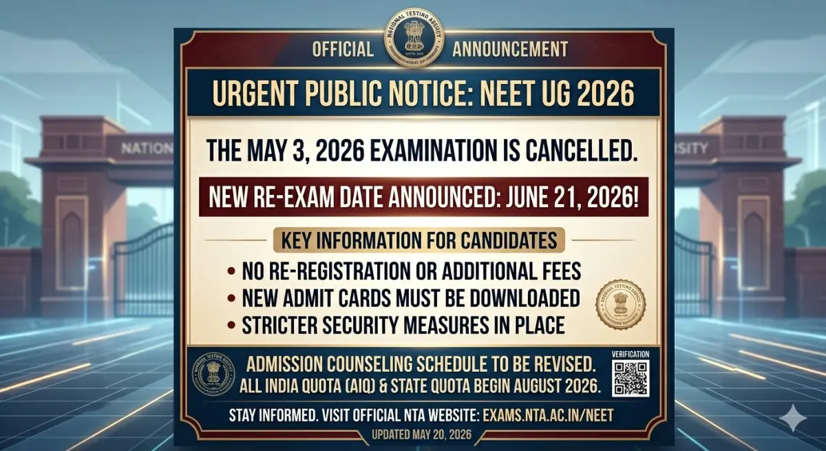 NEET UG 2026 Rescheduled: New Exam Date After May 3 Paper Leak Controversy